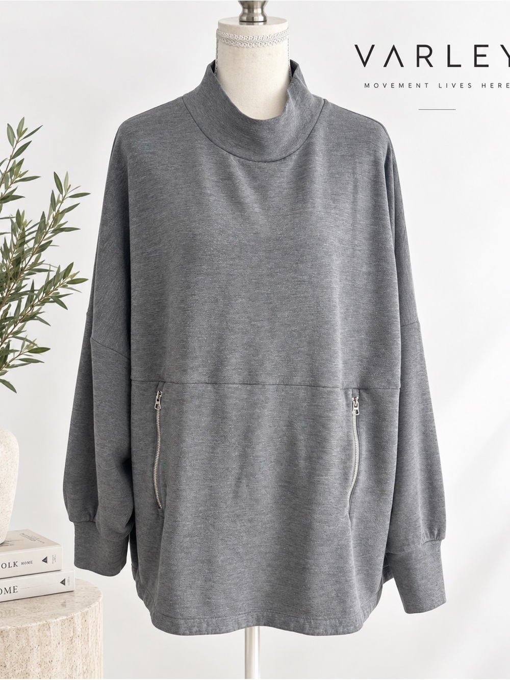 Varley Gray Cowl Neck Oversized Pullover Size L Zip Pocket Athleisure